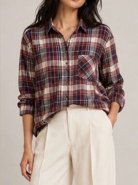 Aritzia TNA Boyfriend Flannel Shirt Grunge Cabin Red Plaid XS